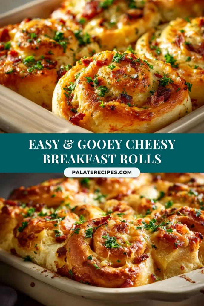 A shareable pin image showing golden-baked cheesy breakfast rolls in a baking dish, with text overlay for Pinterest.