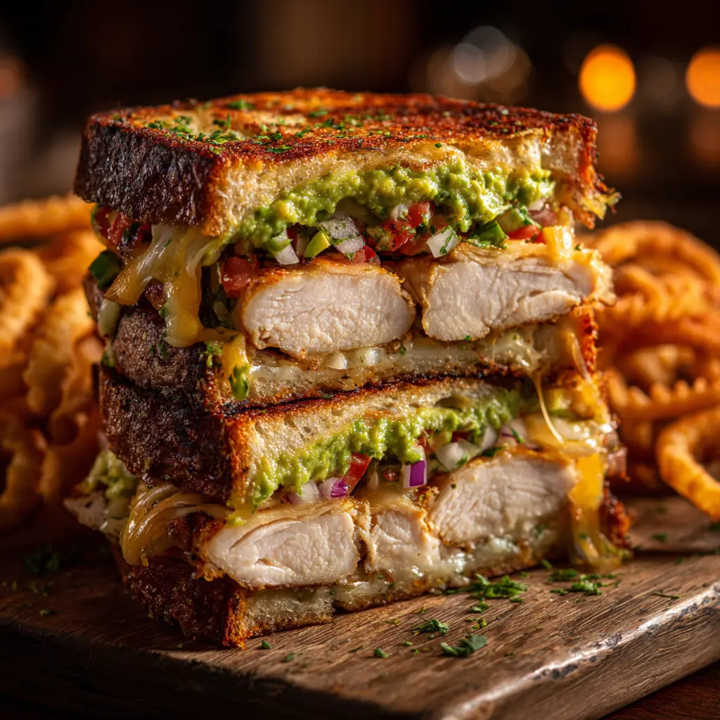 The inside of a gourmet chicken avocado melt, showing melted Monterey Jack cheese and shredded chicken.