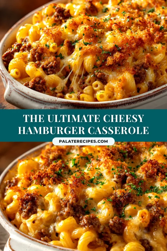 A delicious and easy Cheesy Hamburger Casserole in a white baking dish, showing a scoop being taken out with a visible cheese pull.
