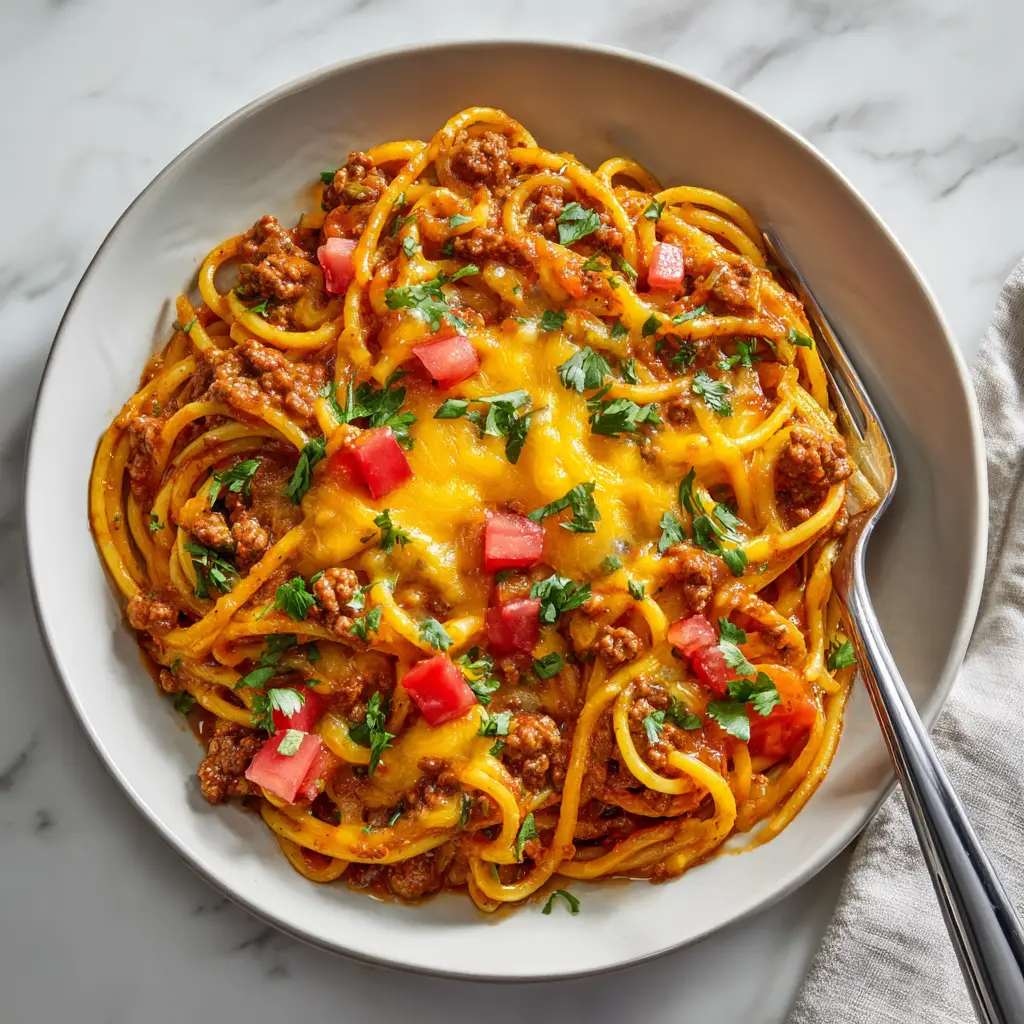 Taco Spaghetti: The Ultimate Weeknight Dinner Mashup 3 A spoonful of delicious Taco Spaghetti being lifted from a skillet, showing the cheesy texture and seasoned beef.