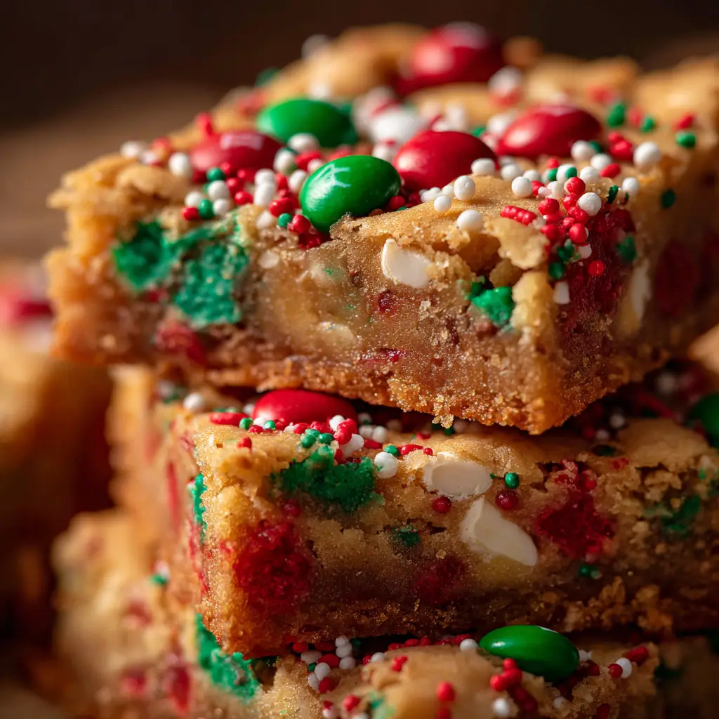 Christmas Cookie Bars: The Easiest Festive Treat 3 A close-up shot of a thick and chewy Christmas cookie bar, showing the soft texture and the colorful M&Ms and sprinkles baked inside.