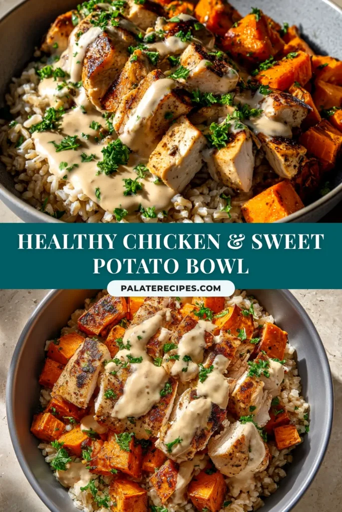 Chicken and Sweet Potato Rice Bowl: Your New Weeknight Favorite 5 A vibrant and delicious Chicken and Sweet Potato Rice Bowl, beautifully arranged with seasoned chicken, roasted sweet potatoes, black beans, corn, and fresh avocado. A perfect healthy meal prep idea.