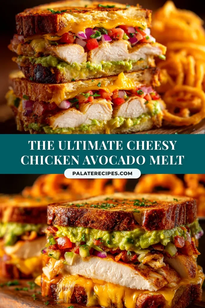A delicious Chicken Avocado Melt cut in half and stacked, showing gooey melted cheese, chicken, and creamy avocado on toasted sourdough bread.
