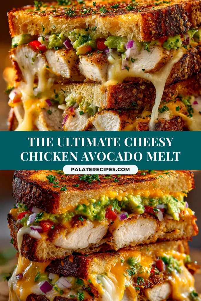A perfectly grilled chicken avocado melt sandwich cut in half, showcasing the gooey melted cheese, creamy avocado, and tender chicken on crispy sourdough bread.