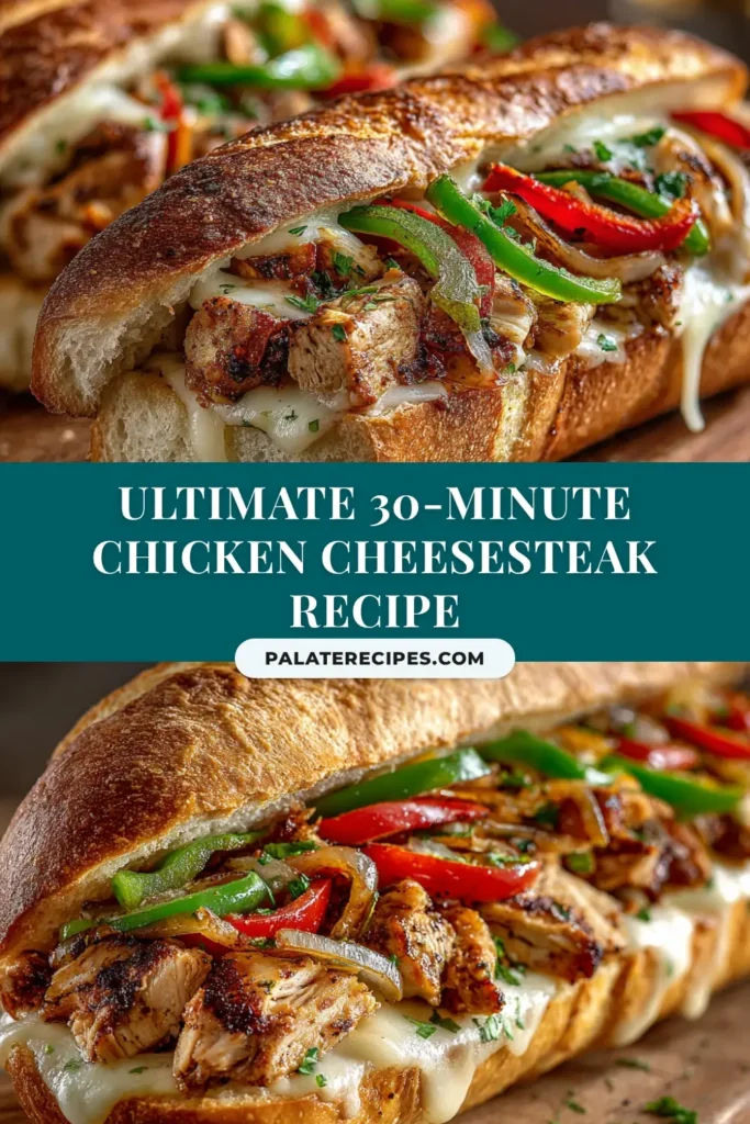 Chicken Cheesesteak Sandwich (The Ultimate Recipe) 4 A delicious, fully loaded Chicken Cheesesteak Sandwich on a toasted hoagie roll, with melted provolone cheese, onions, and peppers spilling out. The sandwich is cut in half and ready to eat.