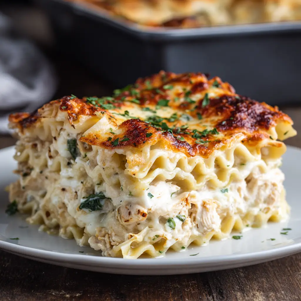 The full 9x13 pan of chicken alfredo lasagna bake, fresh out of the oven with a bubbly, golden-brown mozzarella topping.
