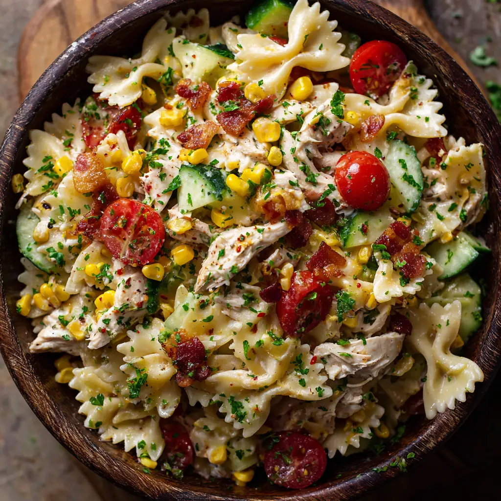 A serving of chicken pasta salad in a small bowl, ready to be eaten. Fresh dill and parsley are visible as a garnish.