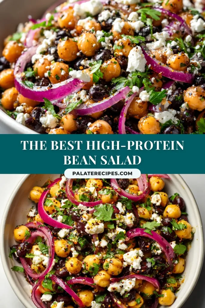 A vibrant and healthy chickpea and black bean salad in a white bowl, tossed with corn, red peppers, and a zesty lime dressing. Perfect for meal prep and potlucks.