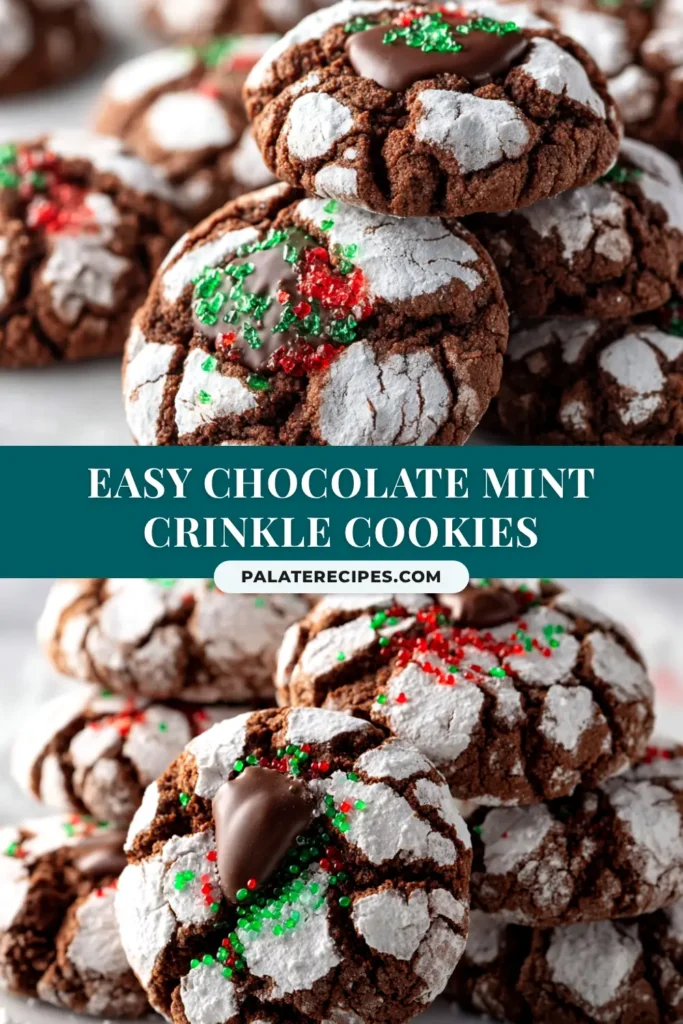 A stunning overhead shot of chocolate mint crinkle cookies arranged on a festive platter, ready to be shared. The cookies have a distinct crackled, powdered sugar topping.