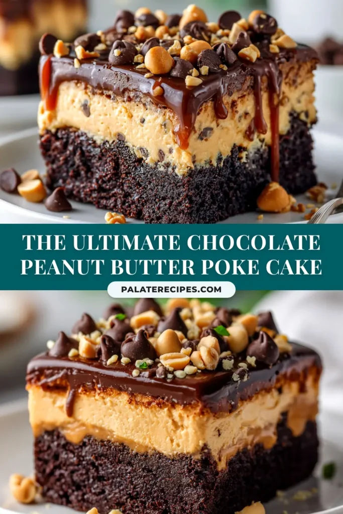 Chocolate Peanut Butter Poke Cake (The Ultimate Recipe) 5 Chocolate Peanut Butter Poke Cake with a slice on a plate, showing the decadent peanut butter filling and chocolate topping. An easy and impressive dessert recipe.