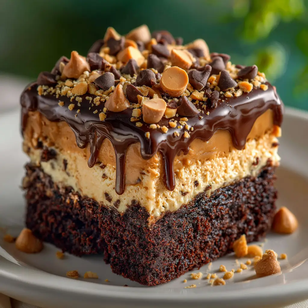 Chocolate Peanut Butter Poke Cake (The Ultimate Recipe) 3 A perfect slice of chocolate peanut butter poke cake on a white plate, revealing the rich layers of cake and creamy filling.
