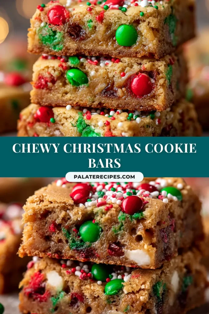 Christmas Cookie Bars: The Easiest Festive Treat 4 An overhead shot of festive Christmas cookie bars topped with white frosting, red and green M&Ms, and holiday sprinkles, cut into neat squares on a piece of parchment paper.
