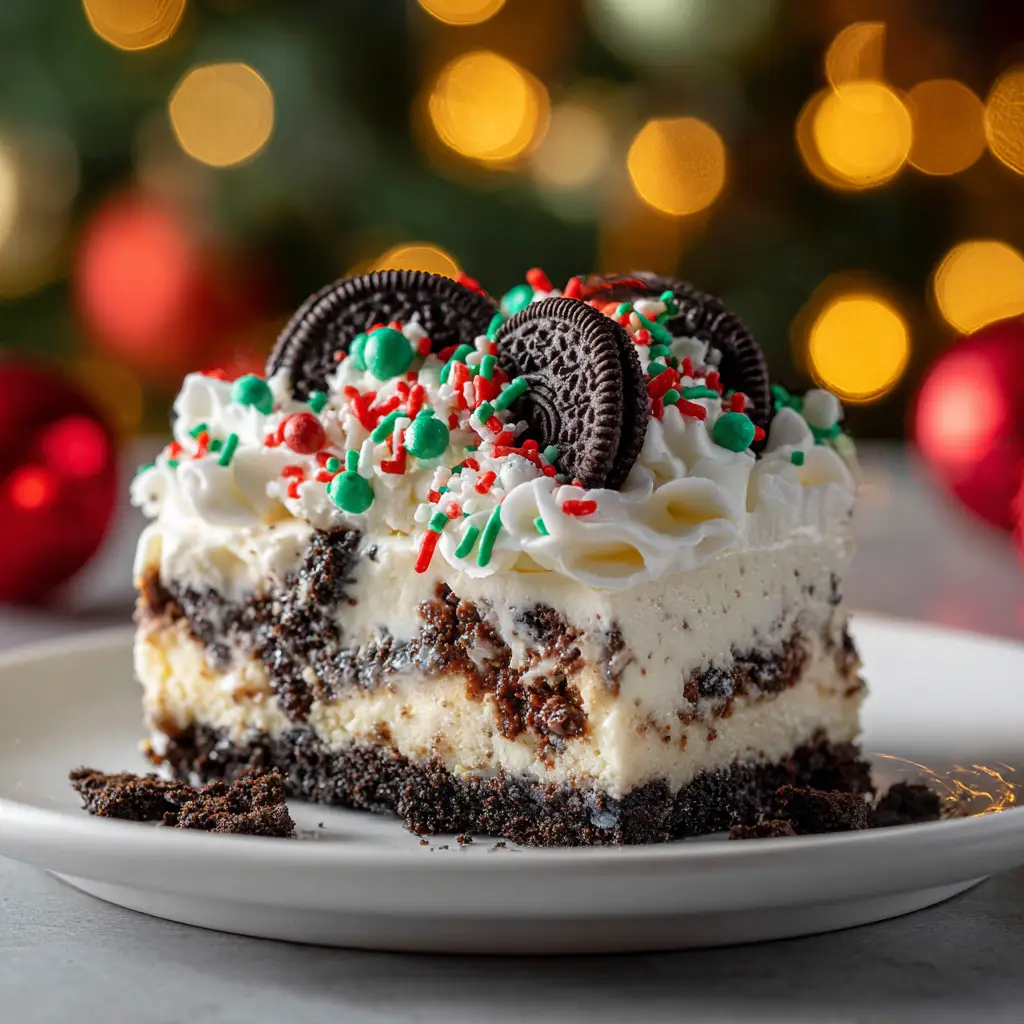 A 9x13 inch pan of the finished no-bake Christmas dessert, topped with whipped cream and festive red and green sprinkles.