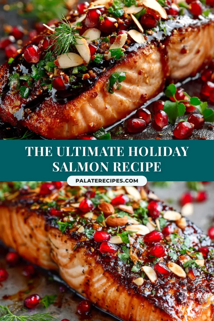 Christmas salmon with a cranberry orange glaze on a white platter, garnished with fresh cranberries and rosemary. A festive and easy holiday main course.
