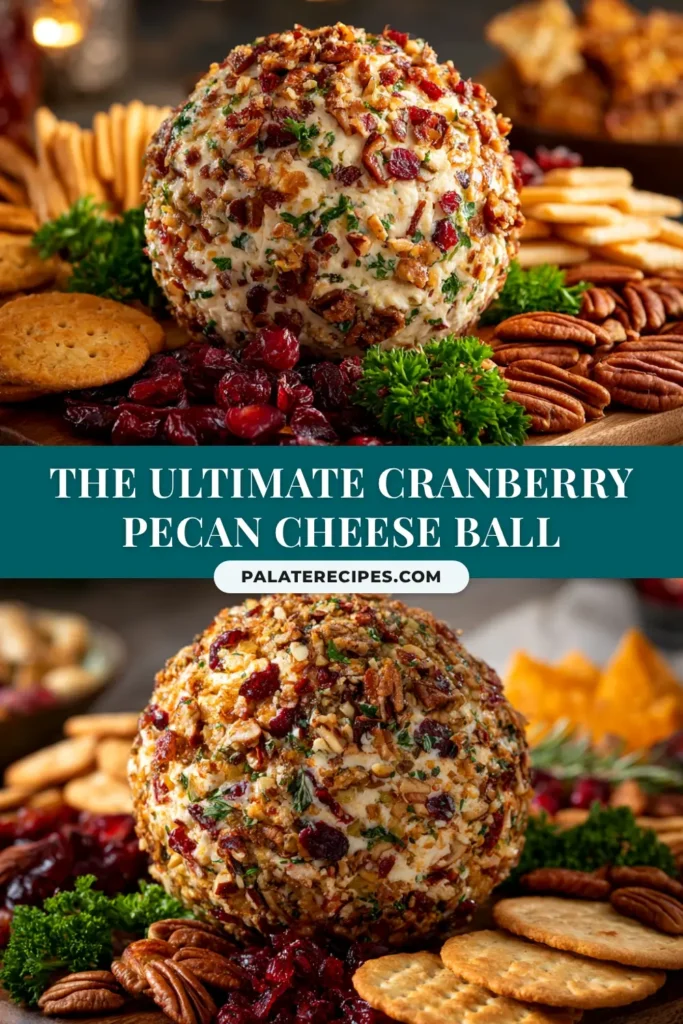 A classic cheese ball recipe coated in toasted pecans and served on a white plate with an assortment of crackers. The perfect easy party appetizer.