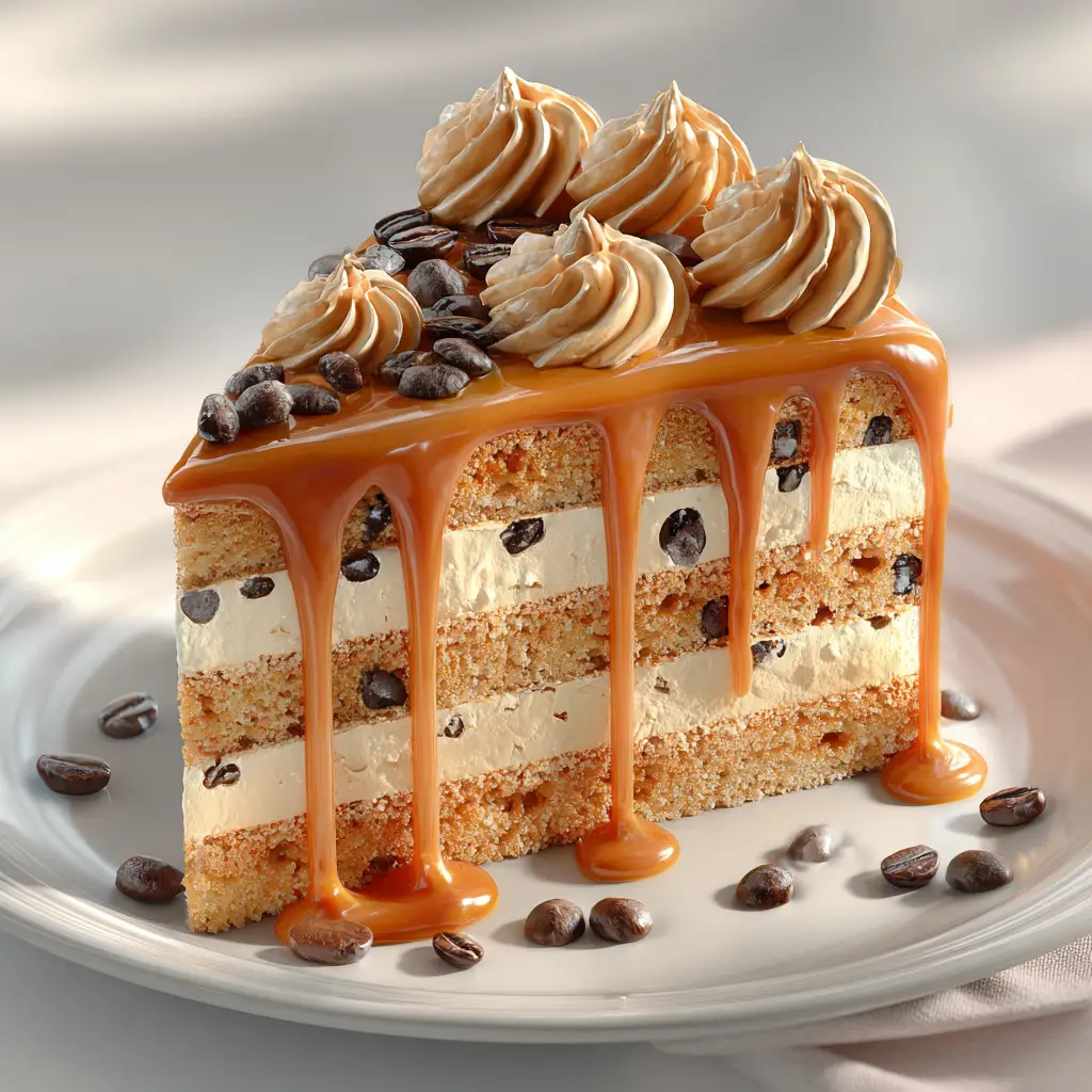 Coffee Caramel Cake: The Ultimate Recipe for a Perfect Treat 3 A fully assembled coffee caramel layer cake on a cake stand, with caramel sauce dripping elegantly down the sides over espresso buttercream frosting.