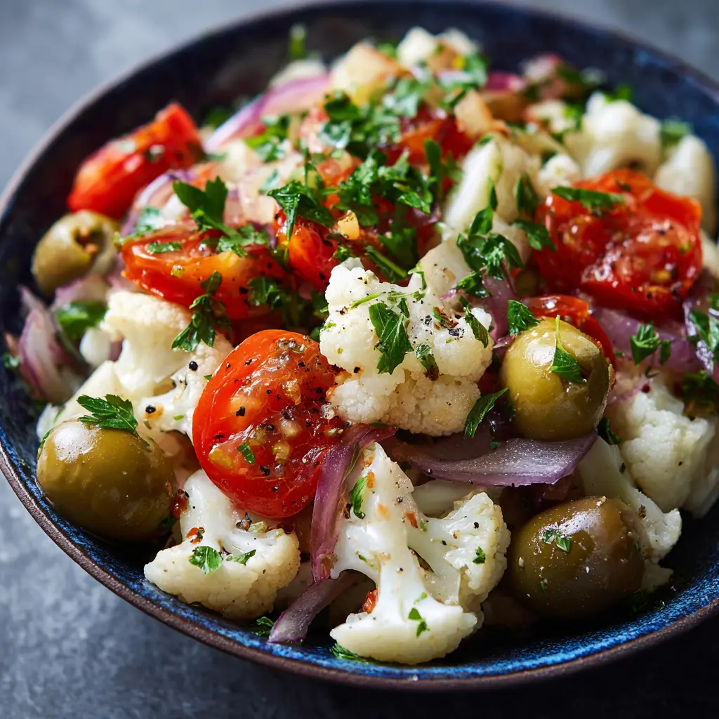 Sicilian Cauliflower Salad (The Best Authentic Recipe) 2 A beautiful serving of cold cauliflower salad on a plate, ready to be eaten. The salad is garnished with fresh parsley.
