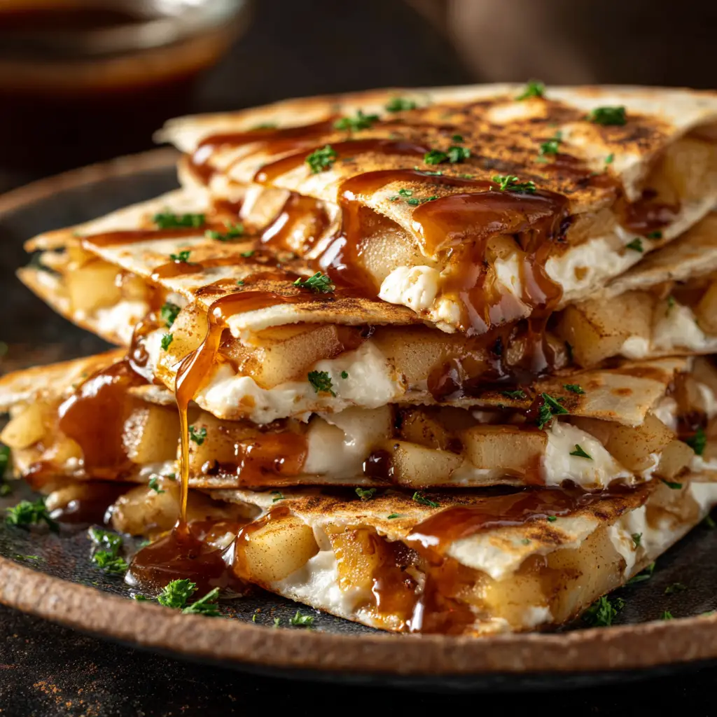 Several cooked apple cinnamon breakfast quesadillas arranged on a serving plate, ready to be served for a quick breakfast.