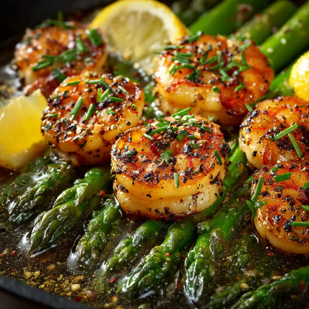 Lemon Garlic Shrimp and Asparagus (Easy One-Pan Recipe) 2 A close-up of the cooked lemon garlic shrimp on the sheet pan, showing its pink, tender texture next to roasted asparagus.