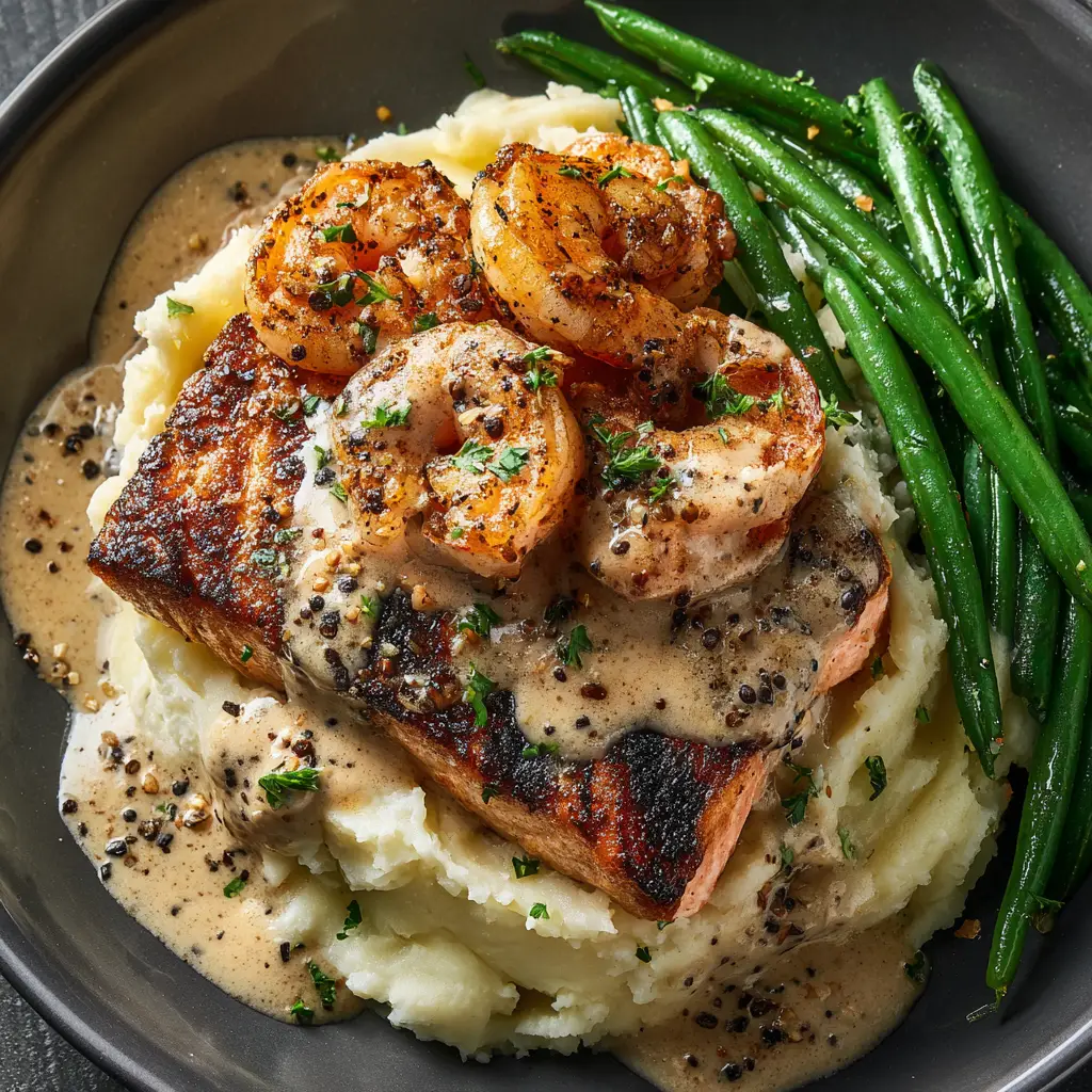 A step-by-step image showing the Cajun seasoned salmon searing in a hot skillet with butter.