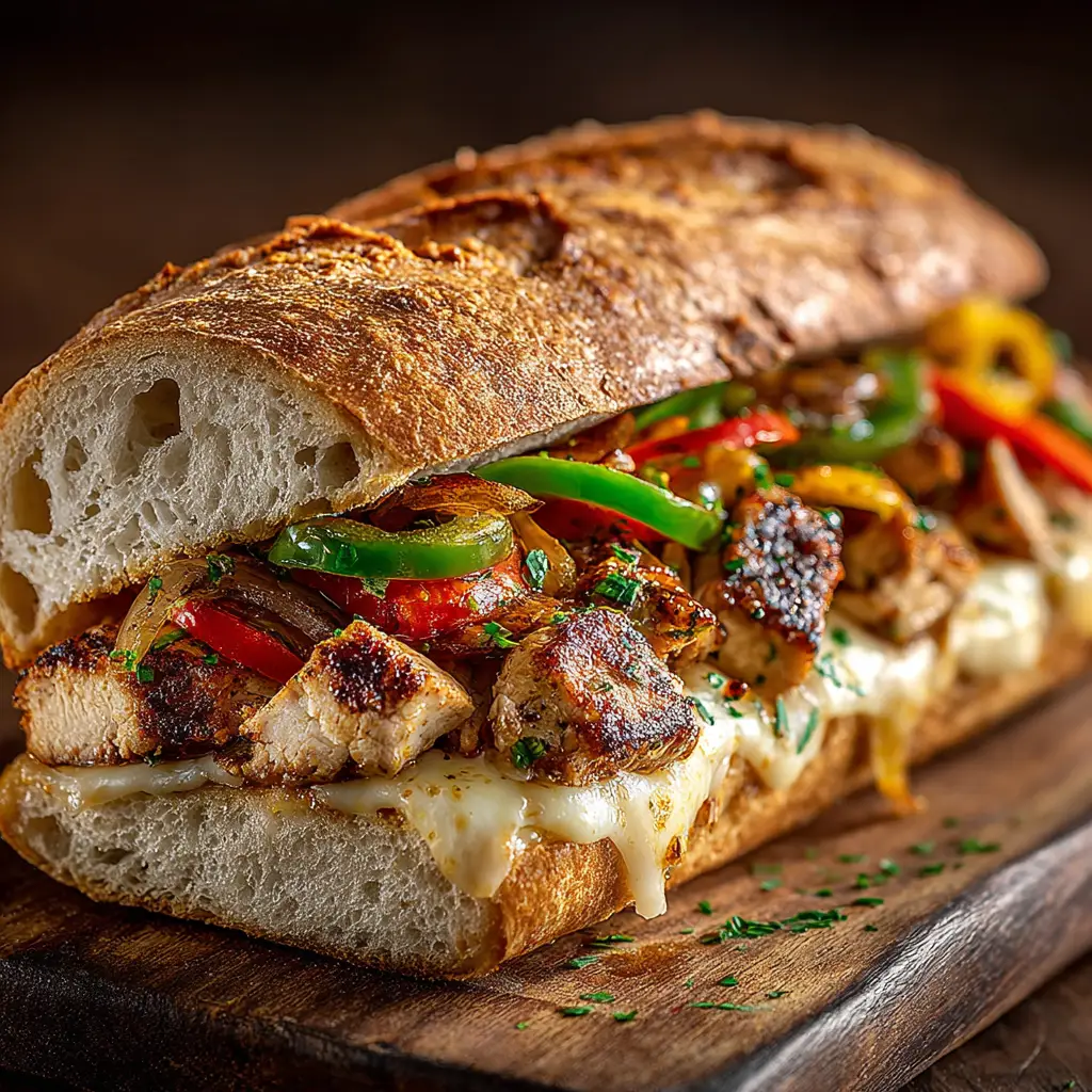 Chicken Cheesesteak Sandwich (The Ultimate Recipe) 3 A skillet filled with sizzling, thinly sliced chicken, caramelized onions, and green peppers for a homemade chicken cheesesteak sandwich.