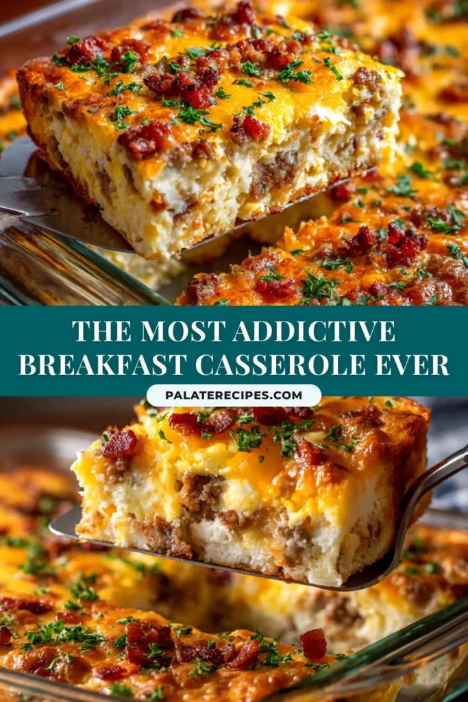 Crack Breakfast Casserole (The Ultimate Crowd-Pleaser) 5 A golden-brown baked Crack Breakfast Casserole in a white baking dish, with a slice taken out to show the cheesy, bacon-filled layers.