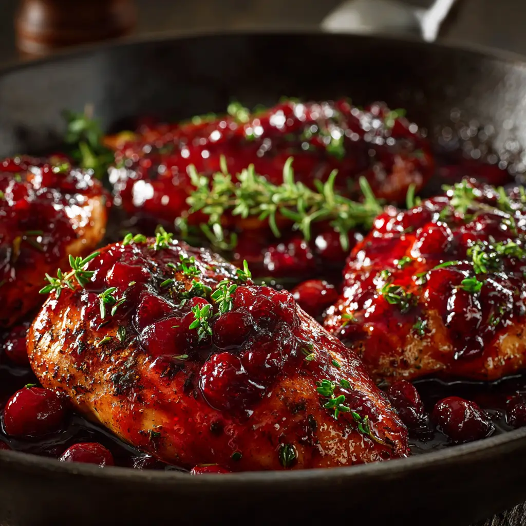 Cranberry Orange Glazed Chicken (The Perfect Festive Dinner) 3 A glistening Cranberry Orange Glazed Chicken breast in an oven-safe skillet, topped with fresh cranberries and a sprig of rosemary.