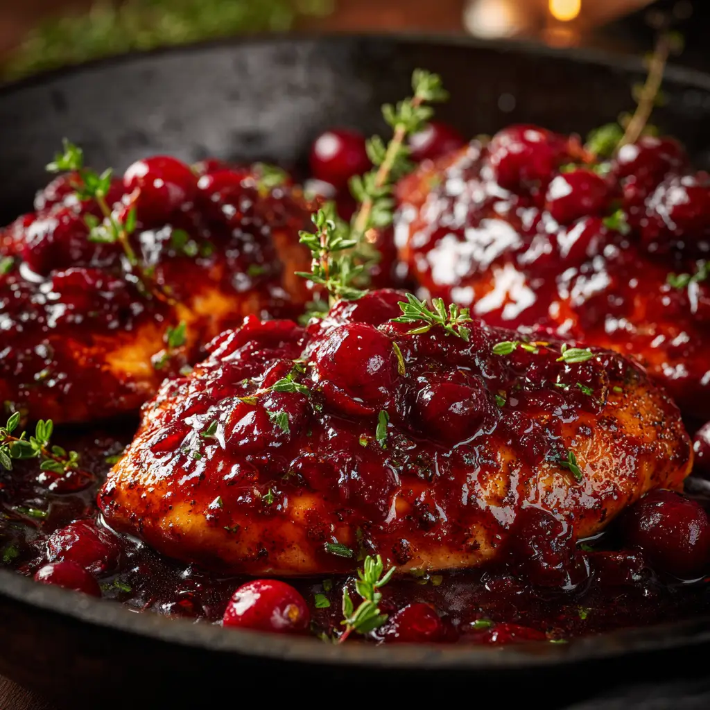 Cranberry Orange Glazed Chicken (The Perfect Festive Dinner) 2 Two pieces of baked cranberry orange chicken served on a white plate with roasted asparagus and a side of wild rice, showcasing a complete meal.
