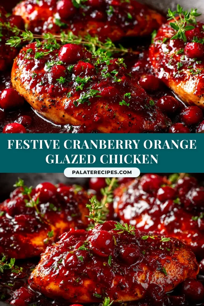 Cranberry Orange Glazed Chicken (The Perfect Festive Dinner) 4 A beautiful platter of Cranberry Orange Glazed Chicken, sliced to show the juicy interior, garnished with fresh cranberries and orange slices. Perfect for a holiday dinner.