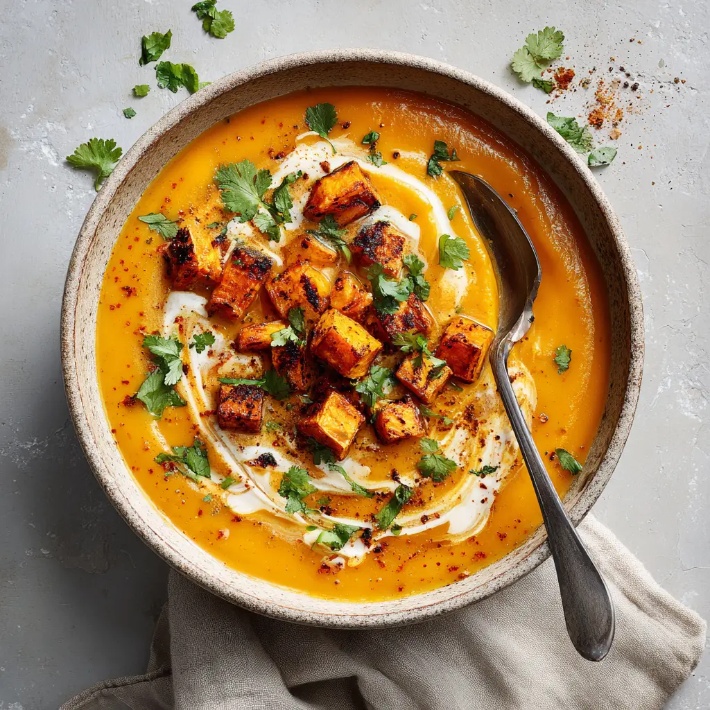 Butternut Squash Sweet Potato Soup (The Ultimate Creamy Recipe) 3 A close-up shot of the vibrant, creamy butternut squash sweet potato soup in a white bowl, garnished with herbs.