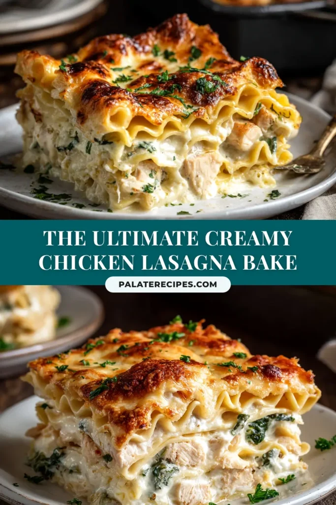 A delicious and creamy Chicken Lasagna Bake in a white casserole dish, with a slice taken out to show the layers of chicken, white sauce, and cheese. The perfect comfort food recipe.