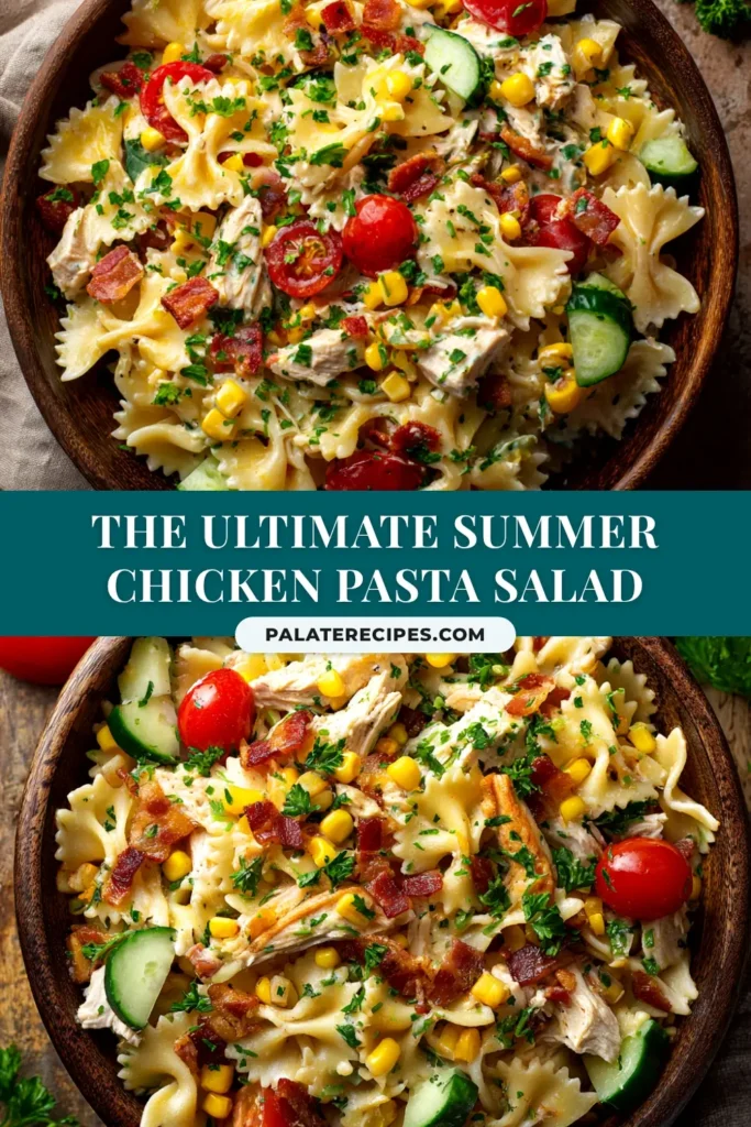 A large white bowl filled with creamy chicken pasta salad, garnished with fresh herbs. The perfect make-ahead recipe for lunch or a potluck.