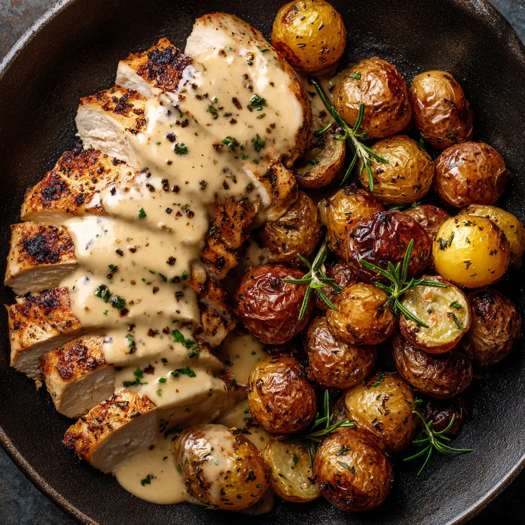 A serving of creamy garlic chicken on a plate with pasta, showing how the sauce coats every piece perfectly. The dish is ready to be eaten.