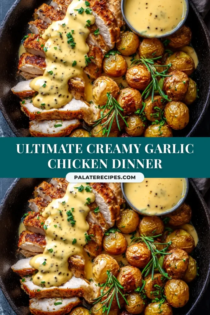 A skillet of creamy garlic chicken, garnished with fresh parsley. The chicken is golden brown and covered in a rich, white cream sauce.