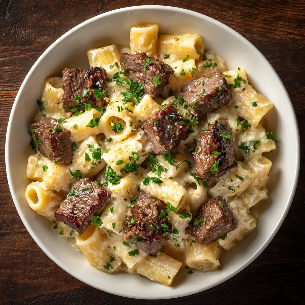Garlic Butter Steak and Cheesy Rigatoni: The Ultimate Comfort Meal 2 A top-down view of a bowl of creamy garlic butter steak pasta, ready to be served.