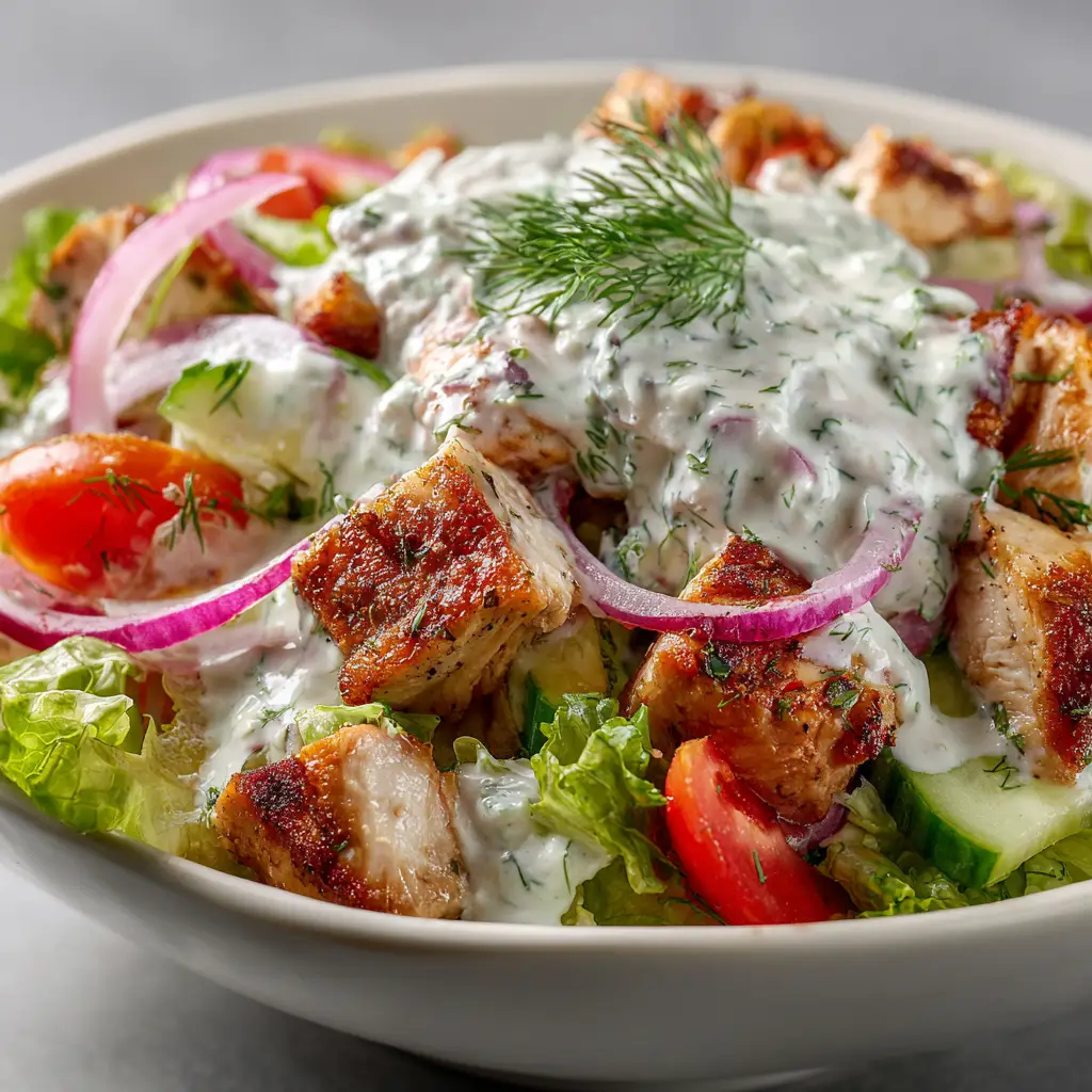 Tzatziki Chicken Salad: A Creamy, Refreshing Recipe 3 A close-up view of creamy cucumber chicken salad being scooped from a bowl, showing the texture of the shredded chicken and tzatziki sauce.