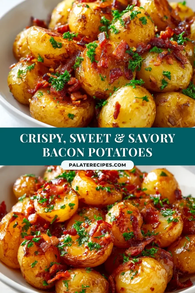 Crispy Bacon Honey Roasted Potatoes (The Ultimate Recipe) 5 A top-down view of Crispy Bacon Honey Roasted Potatoes in a white ceramic dish, garnished with fresh rosemary. The potatoes are golden brown and glistening.