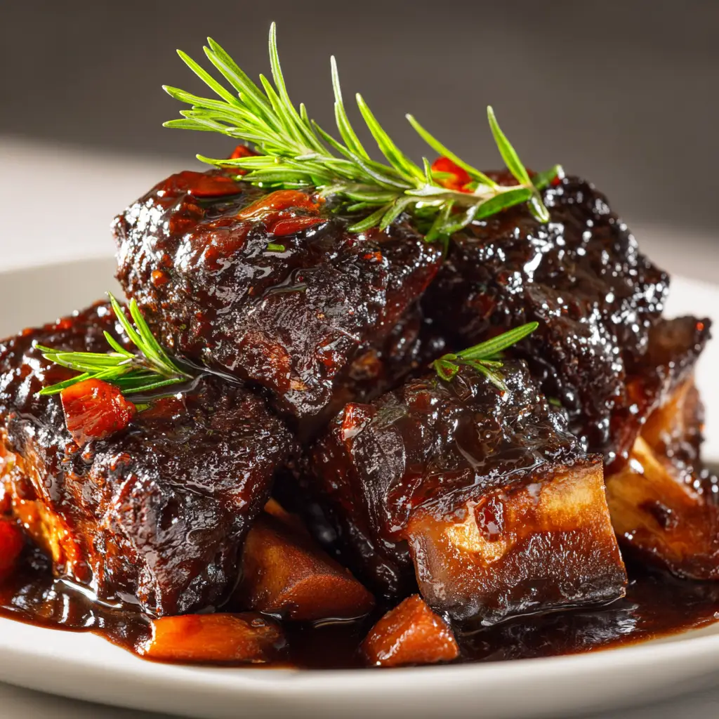 A single serving of crockpot balsamic short ribs over creamy mashed potatoes, demonstrating a perfect meal pairing.