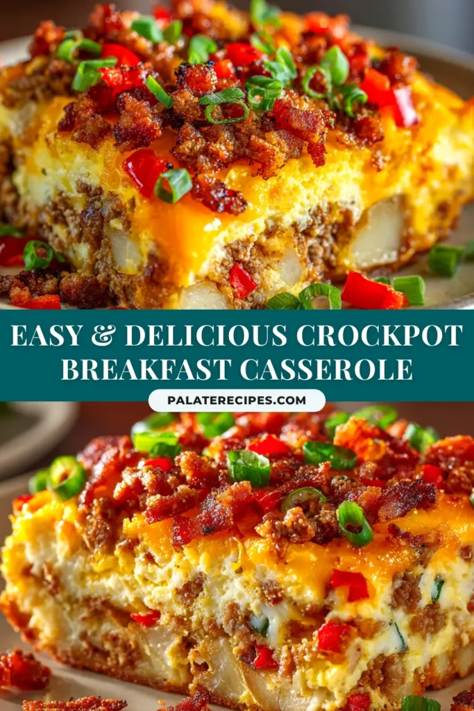A delicious Crockpot Breakfast Casserole in a white bowl with a fork, showing the texture of eggs, sausage, and melted cheese. The perfect easy make-ahead breakfast recipe.