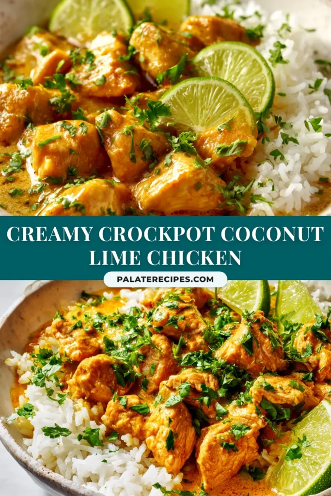 A top-down view of a serving dish filled with creamy Crockpot Coconut Lime Chicken, garnished with fresh cilantro and lime wedges, ready to be served.