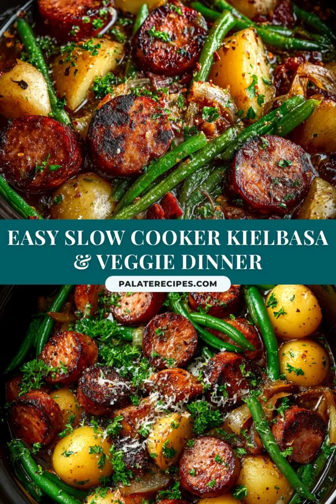 Crockpot Kielbasa and Green Beans (Easy & Flavorful!) 4 A top-down view of a white bowl filled with Crockpot Kielbasa and Green Beans, showcasing sliced sausage, potatoes, and vibrant green beans in a savory sauce.