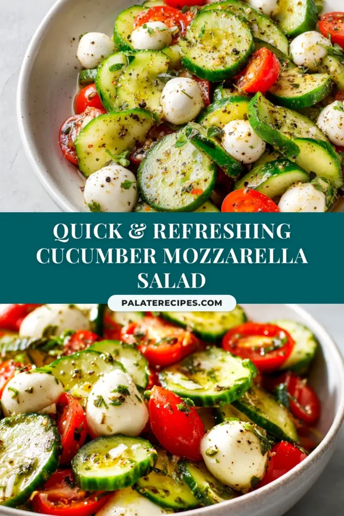 An overhead shot of a vibrant Cucumber Mozzarella Salad in a white bowl, ready to be shared on Pinterest.