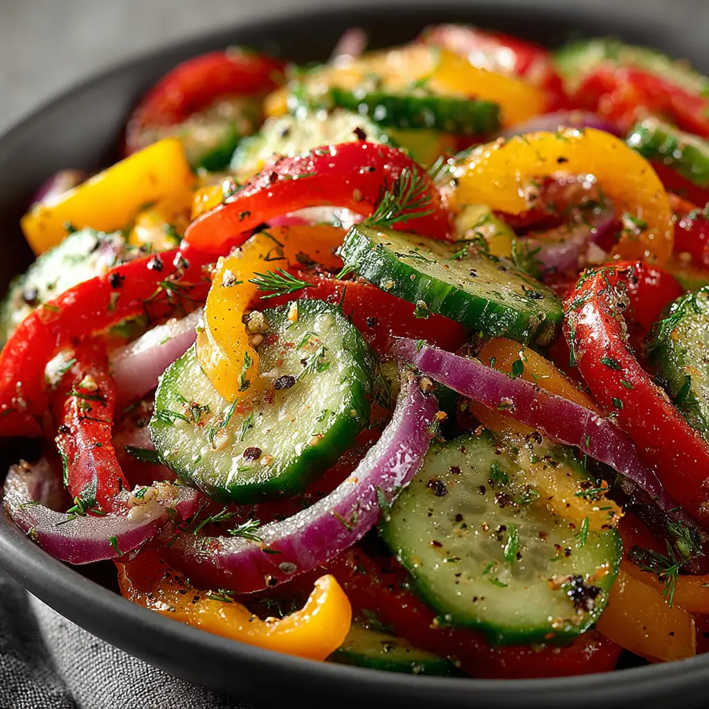 Cucumber Sweet Pepper Salad: The Ultimate Refreshing Side Dish 3 A close-up shot of the Cucumber Sweet Pepper Salad in a serving bowl, highlighting the crisp texture of the sliced cucumbers and colorful peppers.