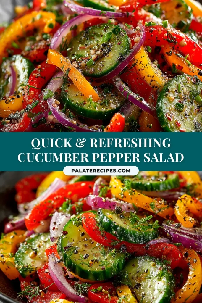 Cucumber Sweet Pepper Salad: The Ultimate Refreshing Side Dish 4 A large white bowl filled with a fresh Cucumber Sweet Pepper Salad, featuring sliced cucumbers, colorful bell peppers, and red onion in a light vinaigrette.