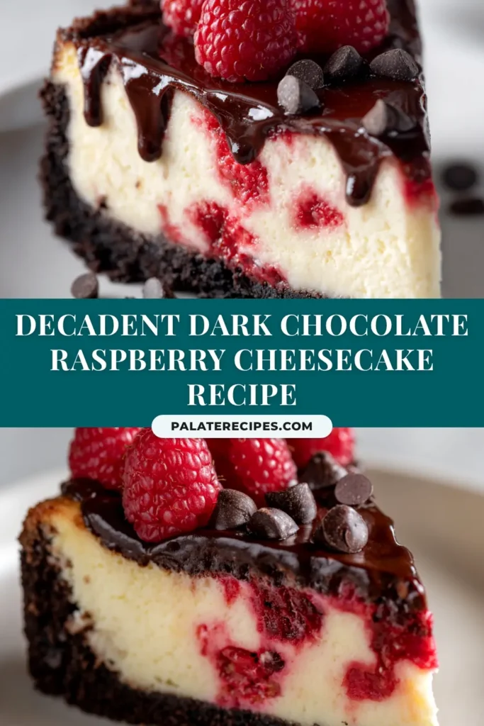 Dark Chocolate Raspberry Cheesecake: A Decadent & Easy Recipe 4 A whole dark chocolate raspberry cheesecake on a serving platter, topped with chocolate ganache and fresh raspberries. The perfect decadent dessert recipe.