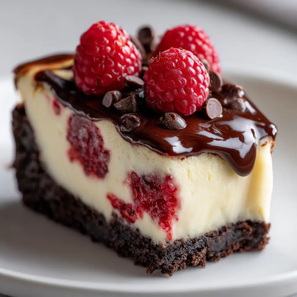 Dark Chocolate Raspberry Cheesecake: A Decadent & Easy Recipe 3 A single slice of dark chocolate raspberry cheesecake on a white plate, showing the creamy texture and raspberry swirl.