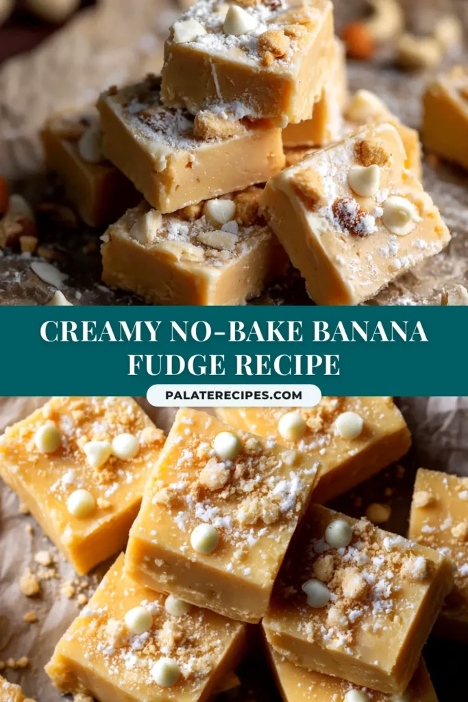 Banana Fudge: The Easiest, Creamiest Recipe 4 A shareable pin image of creamy banana fudge squares stacked on a plate, with text overlay for 'Easy Banana Fudge Recipe'.