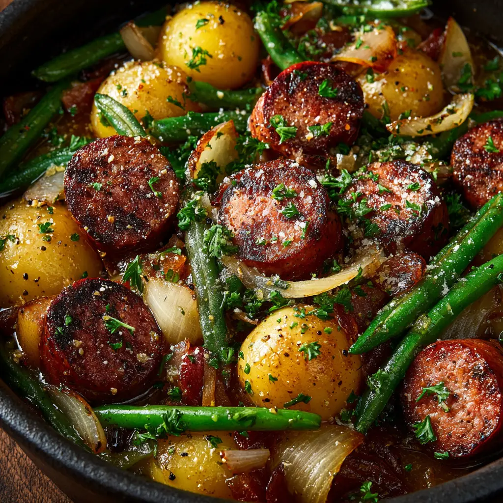 Crockpot Kielbasa and Green Beans (Easy & Flavorful!) 2 A serving of crockpot kielbasa, green beans, and potatoes on a plate, highlighting the tender-crisp texture of the vegetables.