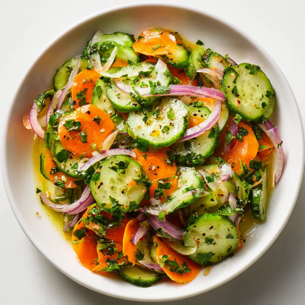Crunchy Cucumber Carrot Salad (Quick & Refreshing!) 2 Overhead shot of the finished Crunchy Cucumber Carrot Salad in a serving bowl, ready to be served.