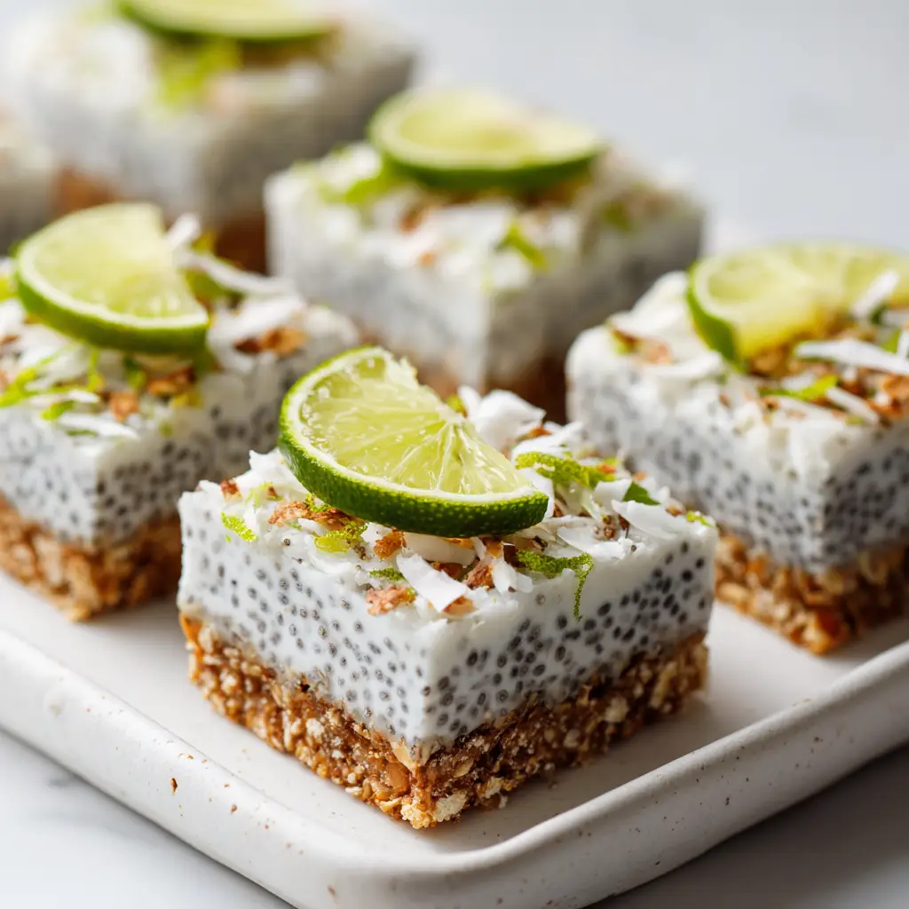 An overhead view of several no-bake chia pudding bars arranged neatly on a wooden board, ready to be served.